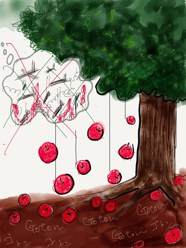 林檎の木の下に林檎が落ちているイラスト